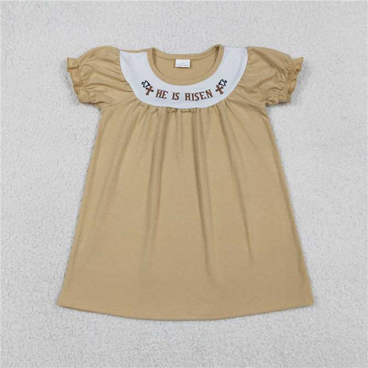 1.5 RTS NO MOQ （In stock）Matching Easter GSD3123 Embroidery Crosses He is Risen Baby Girls Khaki Easter Knee Length Dresses