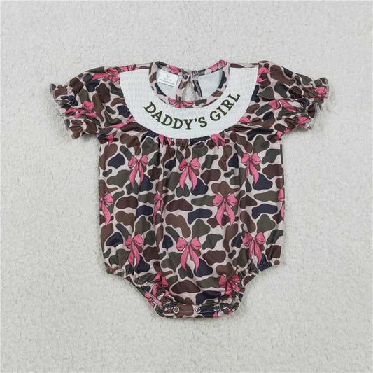 RTS NO MOQ （In stock）SR3105 Smocked Daddy's Girl Short Ruffle Sleeves Southern Camo Bows Rompers