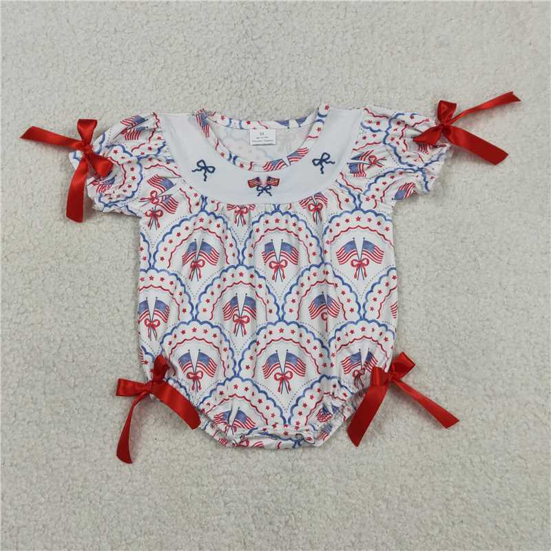 USA Warehouse (IN STOCK)SR3887 Children's Fashion Romper Baby Girls Embroidery Bows Flags Checked 4th of July Ruffle Rompers