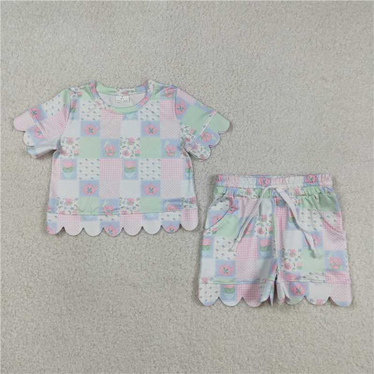 USA Warehouse (IN STOCK) GSSO3229 Short sleeves floral plaid scallop kids girls summer outfits