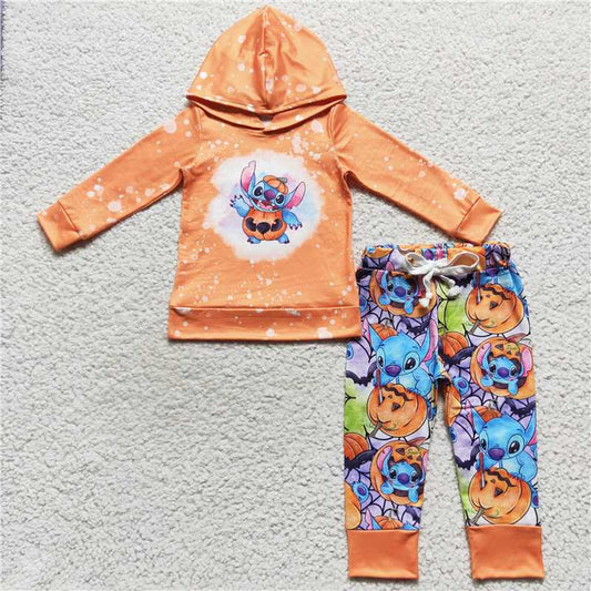 BLP0284 Cartoon Pumpkin Stitch Orange Hooded Long Sleeve Pants Set