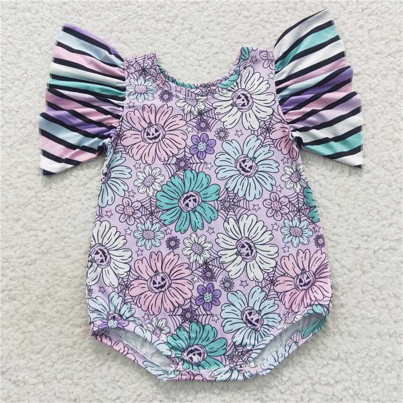 SR0431  Baby Girls Purple Floral Flutter Sleeve Rompers