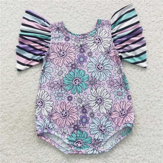 SR0431  Baby Girls Purple Floral Flutter Sleeve Rompers