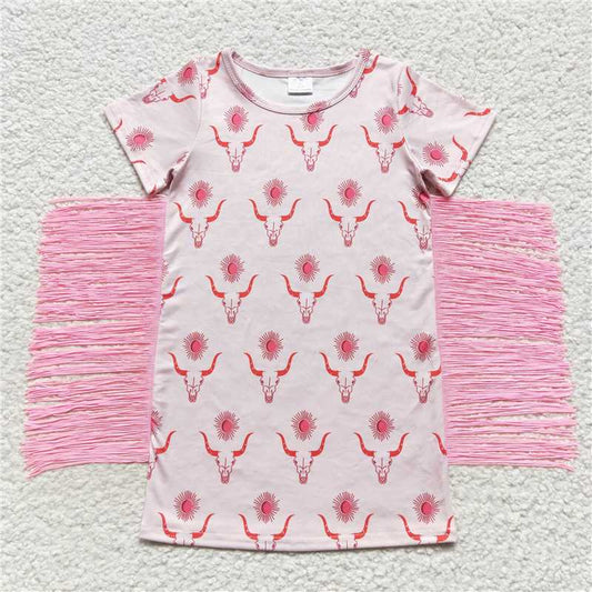 GSD0438 Alpine Cow Sun Pink Tassel Short Sleeve Dress