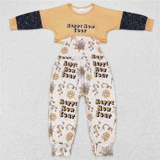 GLP0917Happy new year top smile flower jumpsuit girls clothing set