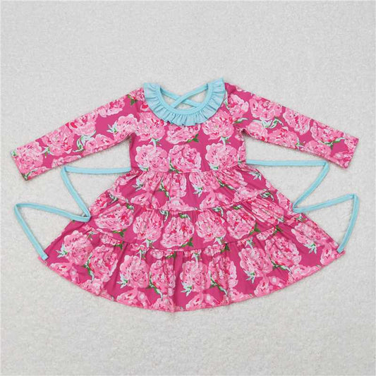GLD0407  Baby Girls Pink Flowers Long Sleeve Knee Length Dresses