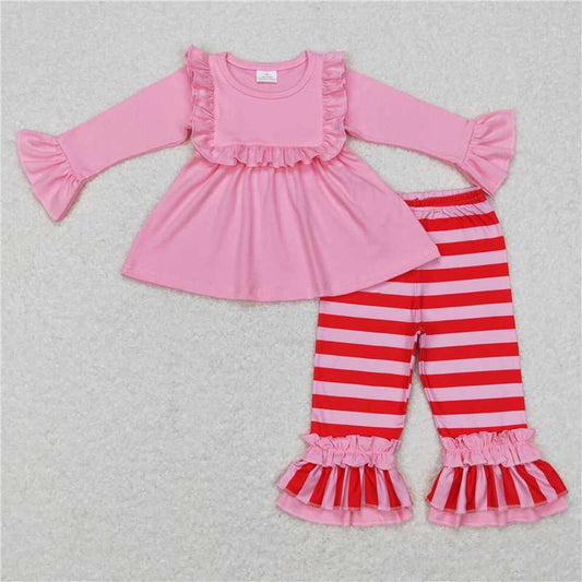 GLP0777Pink tunic red stripe kids girls clothing set