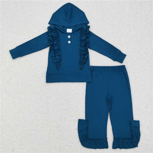 11.12 RTS NO MOQ （In stock）Matching GLP0895 Baby Girls Boutique Blue Hooded Ruffle Top Pants Clothes Sets