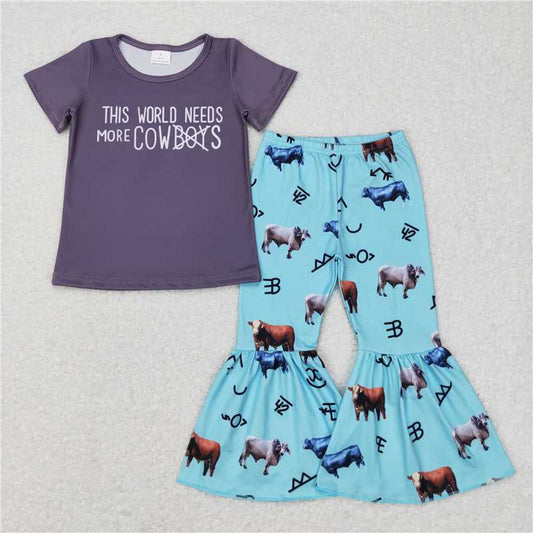 GSPO0939 This world needs more cowboys lettering grey short-sleeved cow blue trousers suit