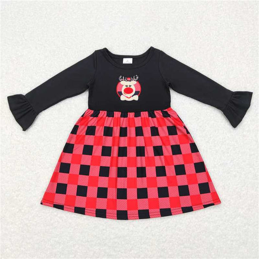GLD0423  Baby Girls Christmas Deer Ruffle Long Sleeve Knee Length Dresses