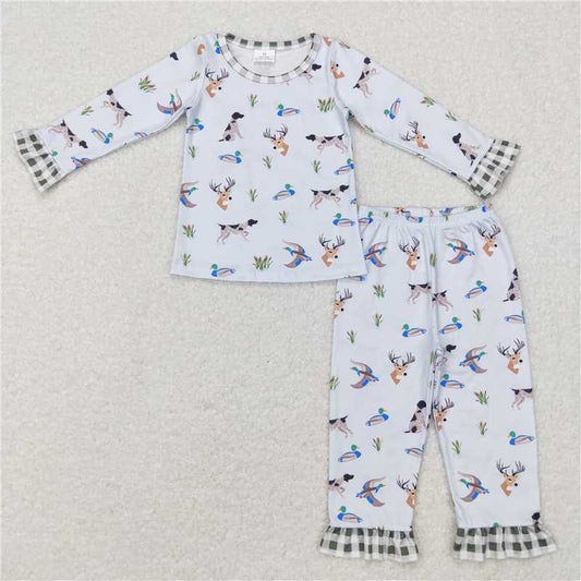 GLP0974Ruffle long sleeves duck dog deer girls hunting pajamas