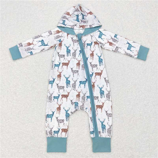 RTS  LR0776 Moose white and green hooded zip-up long-sleeved jumpsuit