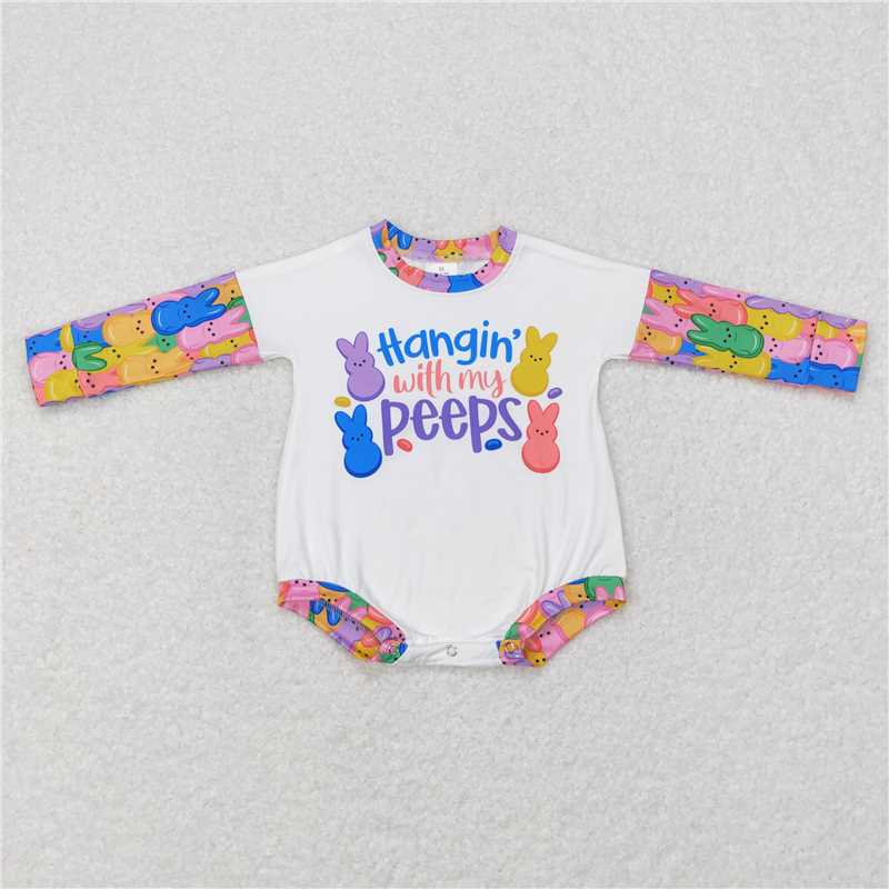 LR0792 hangin' with my peeps alphabet colorful bunny white long sleeve romper