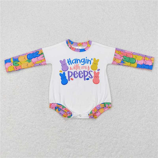 LR0792 hangin' with my peeps alphabet colorful bunny white long sleeve romper