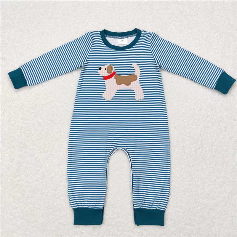 USA Warehouse (IN STOCK) LR0727 Baby Infants Boys Blue Stripes Dogs Long Sleeve Rompers