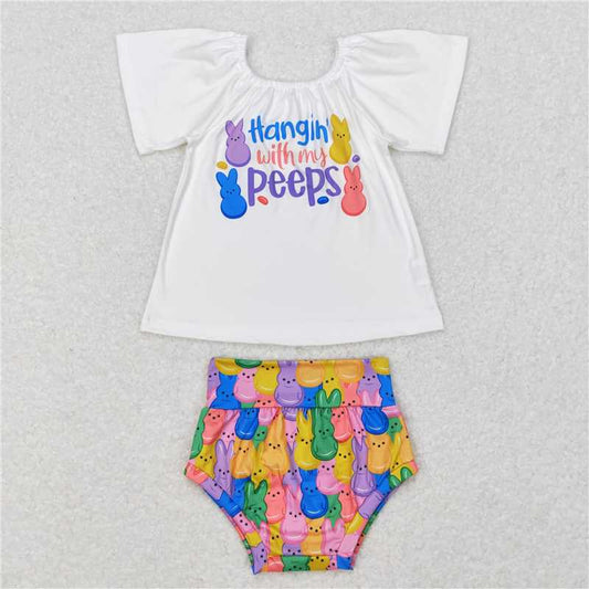GBO0195  Baby Girls Easter Rabbit Colorful Top Bummie Sets