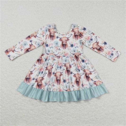 GLD0412  Baby Girls Highland Cows Top Western Knee Length Dresses