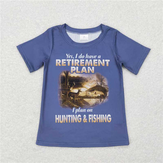 BT0415 Baby Boys Retierment Plan Blue Hunting Fishing Short Sleeve Tee Shirts Tops