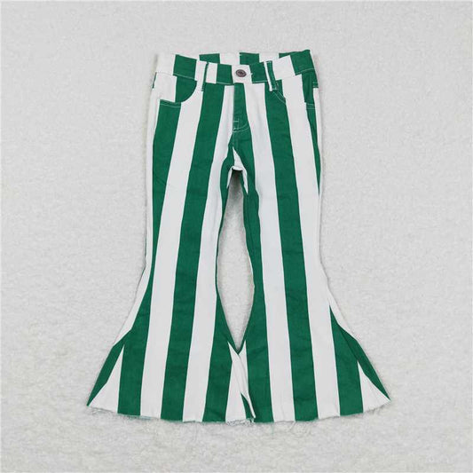 P0330  Baby Girls Green White Stripes Bell Denim Pants