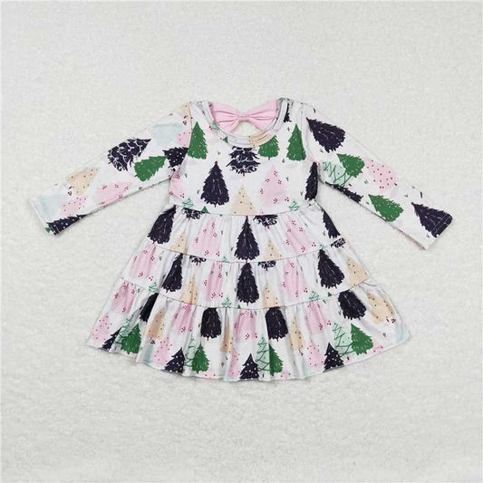 GLD0468Long sleeves pink Christmas tree baby girls dresses