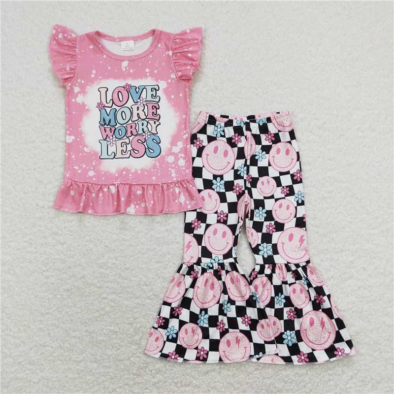 GSPO1311 love more worry less pink short-sleeved smiling face pattern trousers suit