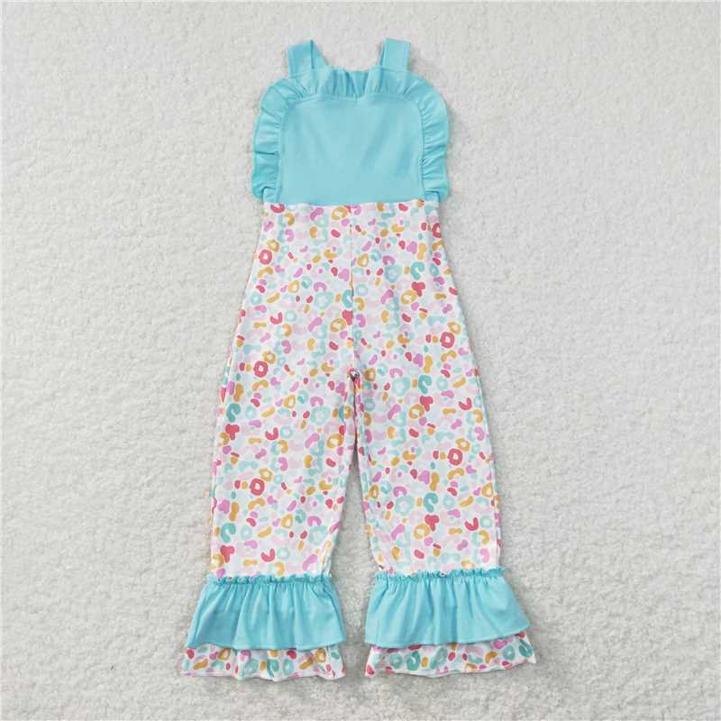 SR0966 Baby Girls Leopard Flowers Straps Ruffle Pants Summer Spring Jumpsuits