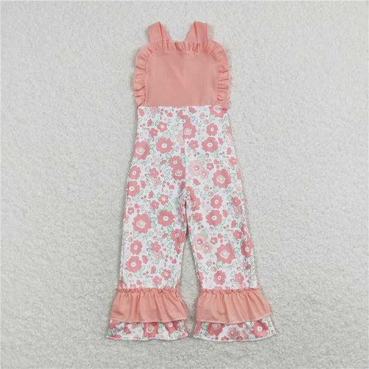 SR0963  Baby Girls Pink Flowers Straps Ruffle Pants Jumpsuits
