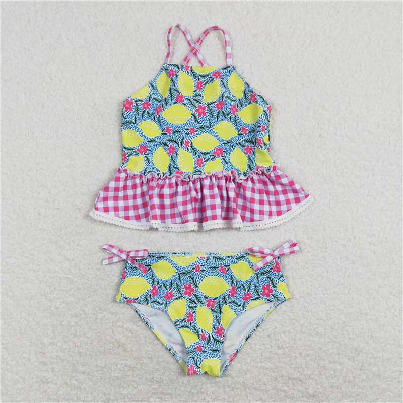 S0219  Baby Girls Summer Lemon Ruffle Two Pieces Swimsuits