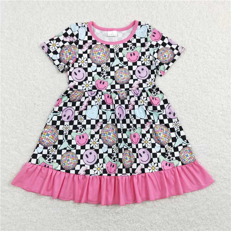 GSD0757  Short sleeves plaid smile flower baby girls dresses