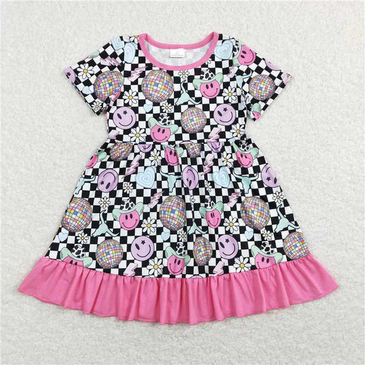 GSD0757  Short sleeves plaid smile flower baby girls dresses