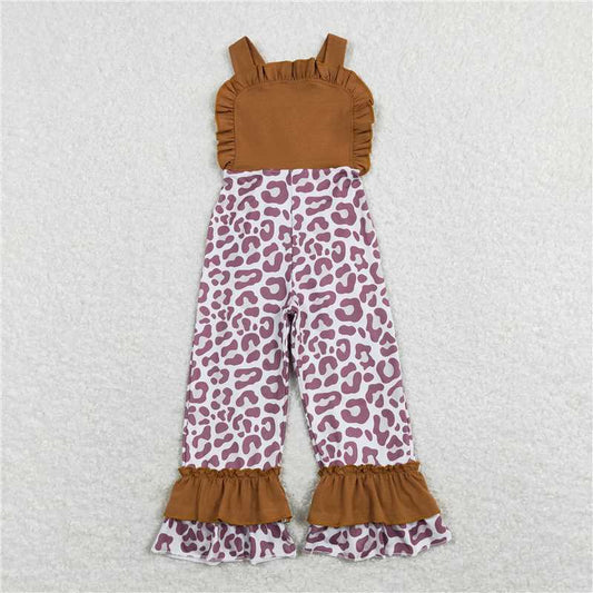 SR0965  Baby Girls Brown Leopard Straps Ruffle Pants Jumpsuits