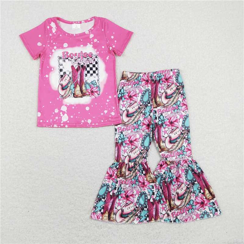 GSPO1293 boujee cowgirl boots hat flower rose pink long sleeve shorts suit