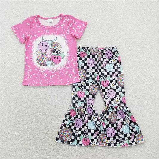 GSPO1290 Disco light ball smiley face lightning heart flower pink short-sleeved black and white plaid trousers suit