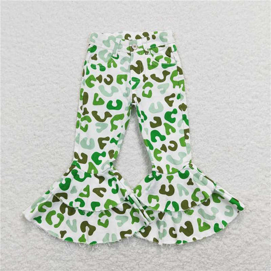 P0395  Baby Girls St Patrick Day Green Leopard Denim Pants Jeans