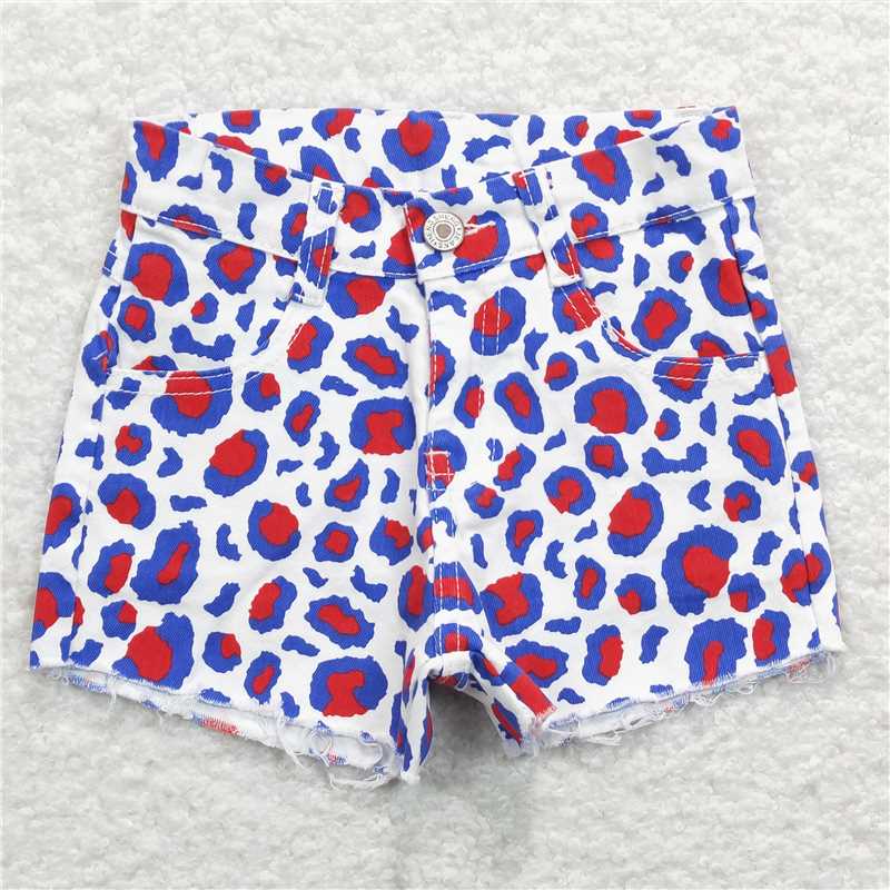 SS0167 Baby Girls 4th Of July Red Blue Leopard Denim Shorts