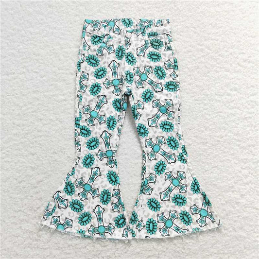 P0414  Baby Girls Easter Cross Turquoise Bell Flare Denim Pants Jeans