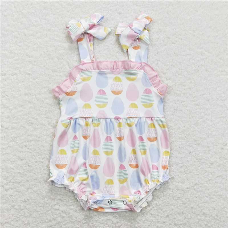SR0900  Baby Girls Easter Eggs Sleeveless Straps Rompers