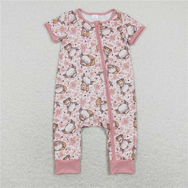 SR0924  Baby Girls Pink Highland Cow Zip Short Sleeve Rompers