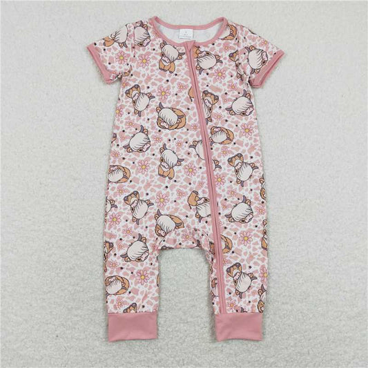 SR0924  Baby Girls Pink Highland Cow Zip Short Sleeve Rompers