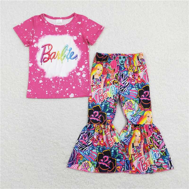 GSPO1282 Barbie lettering magenta short-sleeved floral trouser suit