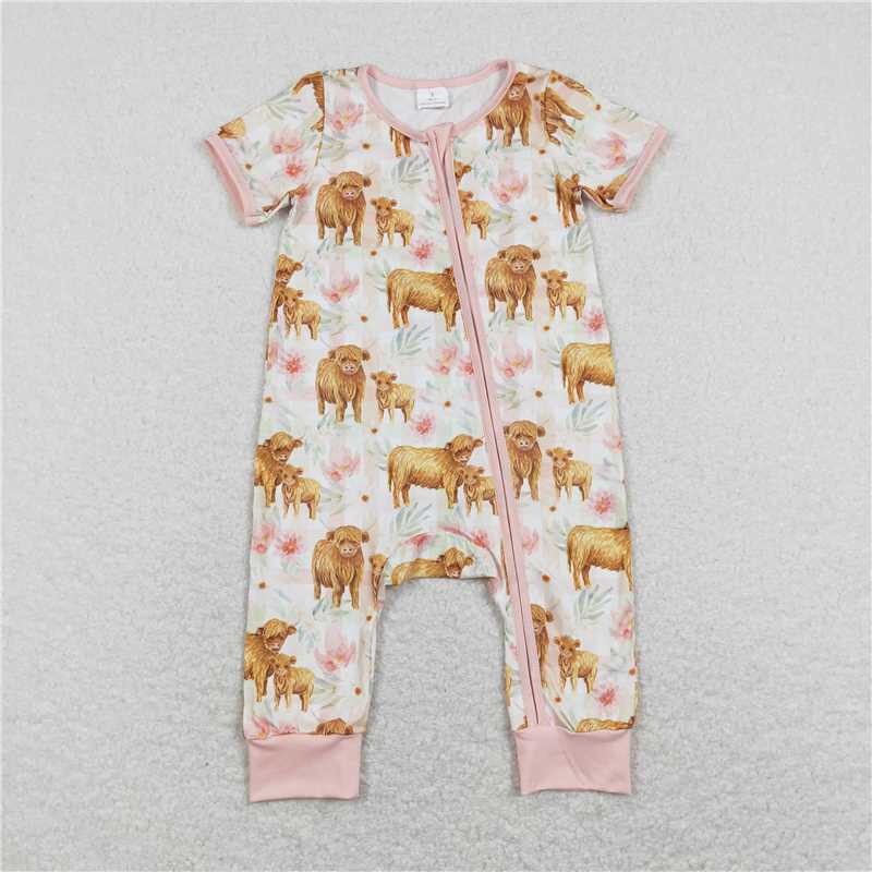 SR0940  Baby Infant Girls Highland Cows Checkered Flowers Zip Rompers
