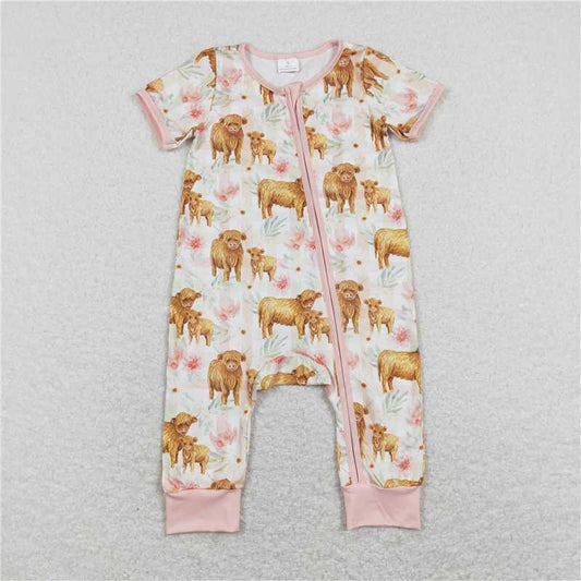 SR0940  Baby Infant Girls Highland Cows Checkered Flowers Zip Rompers