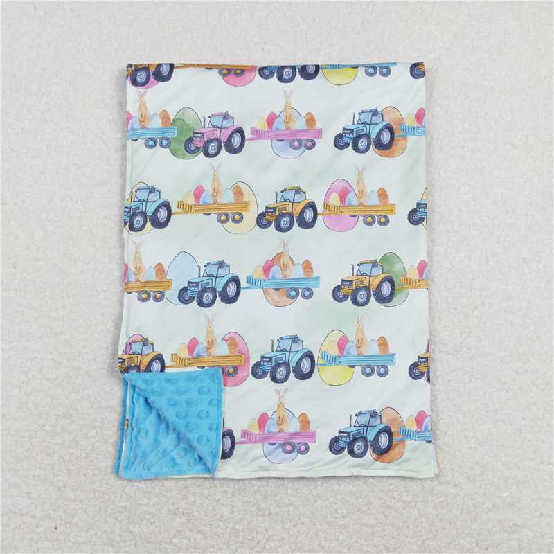 BL0117  Baby Boys Eggs Tractors Blue Easter Minky Blankets