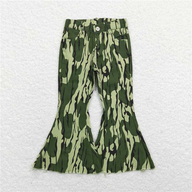P0372  Baby Girls Green Camo Tree Branches Bell Denim Pants Jeans