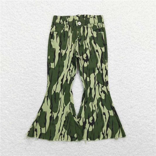 P0372  Baby Girls Green Camo Tree Branches Bell Denim Pants Jeans