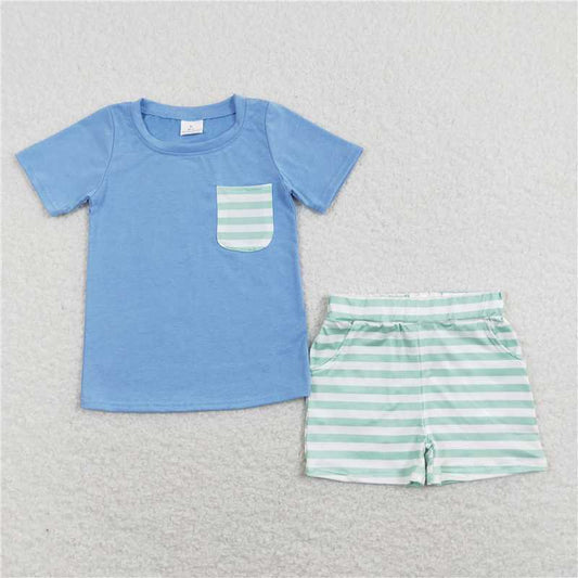 BSSO0366 Baby Boys Blue Short Sleeve Top Stripes Shorts Outfits Clothes Sets