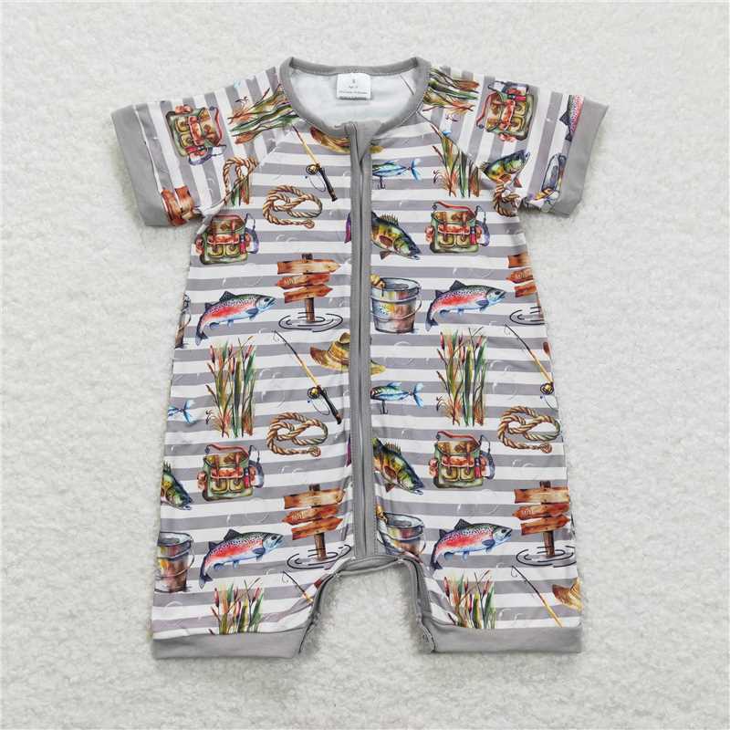 USA Warehouse (IN STOCK) SR0842 Short sleeves stripe fishing baby boys zipper romper