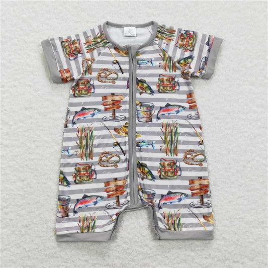 USA Warehouse (IN STOCK) SR0842 Short sleeves stripe fishing baby boys zipper romper
