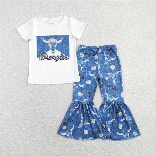GSPO1287 RTS NO MOQ Baby Girls Spring Outfits Wrangler alpine bull head white short-sleeved floral blue trousers suit