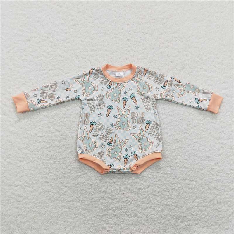 LR0909 too hip to hop carrot star easter egg rabbit plaid long sleeve romper